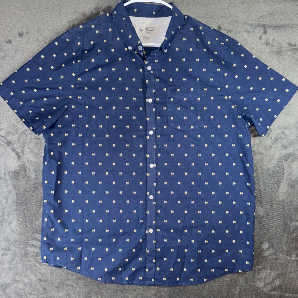 Mens XL Original Penguin Button Down Shirt Blue Excellent Diamond Print SS